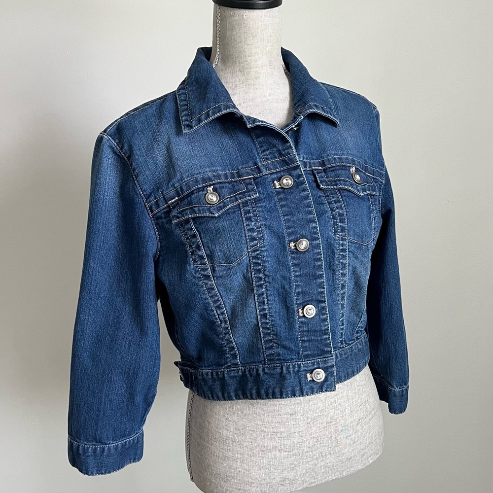 Chicos Platinum Crop Denim Half Sleeve Jean Jacket 1 Medium